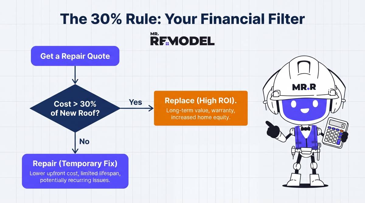 A financial logic infographic explaining the 30% rule for roofing: if repairs exceed 30% of replacement costs, a new roof is the smarter long-term investment.